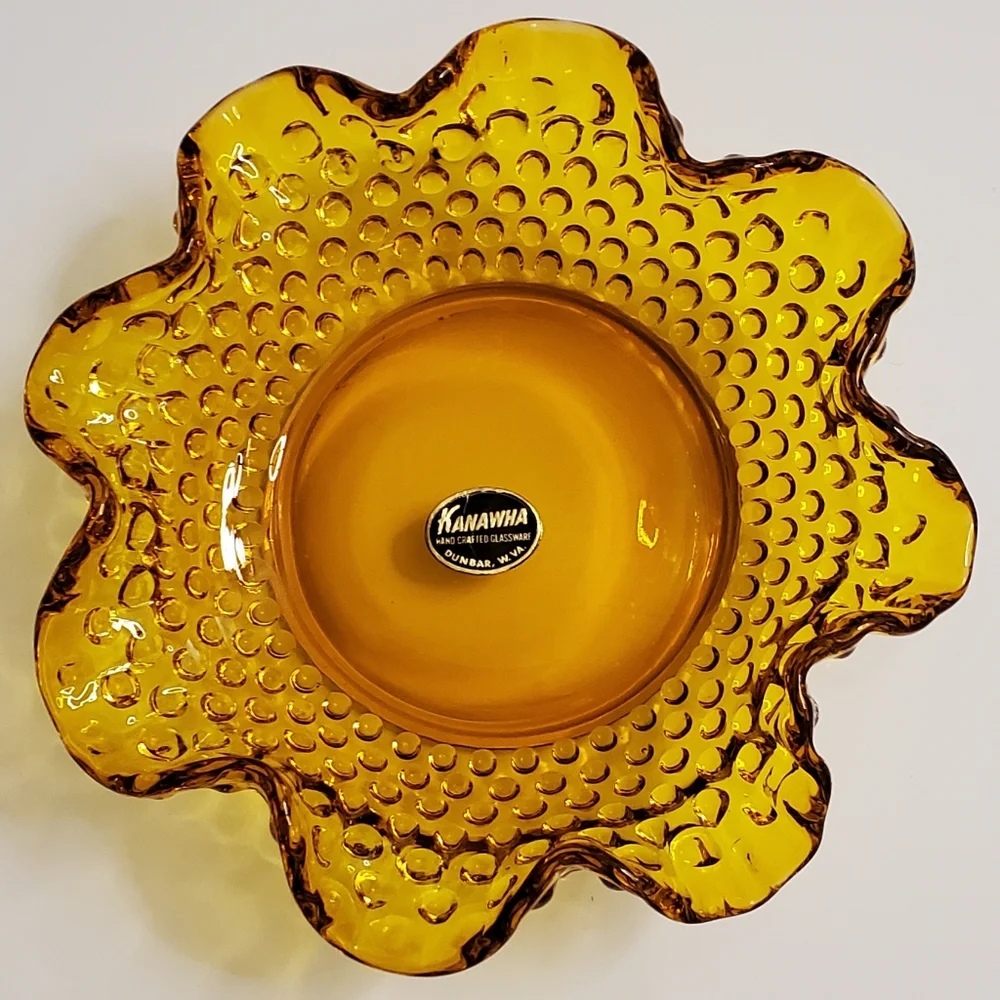 Vntg Handcrafted Kanawha Hobnail Amber Ruffled Bowl EUC - Picture 6 of 10